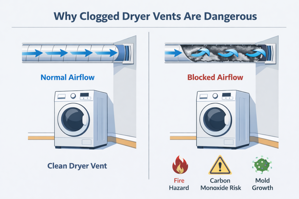 clean dryer vent vs clogged dryer vent diagram showing normal airflow and blocked airflow caused by lint buildup