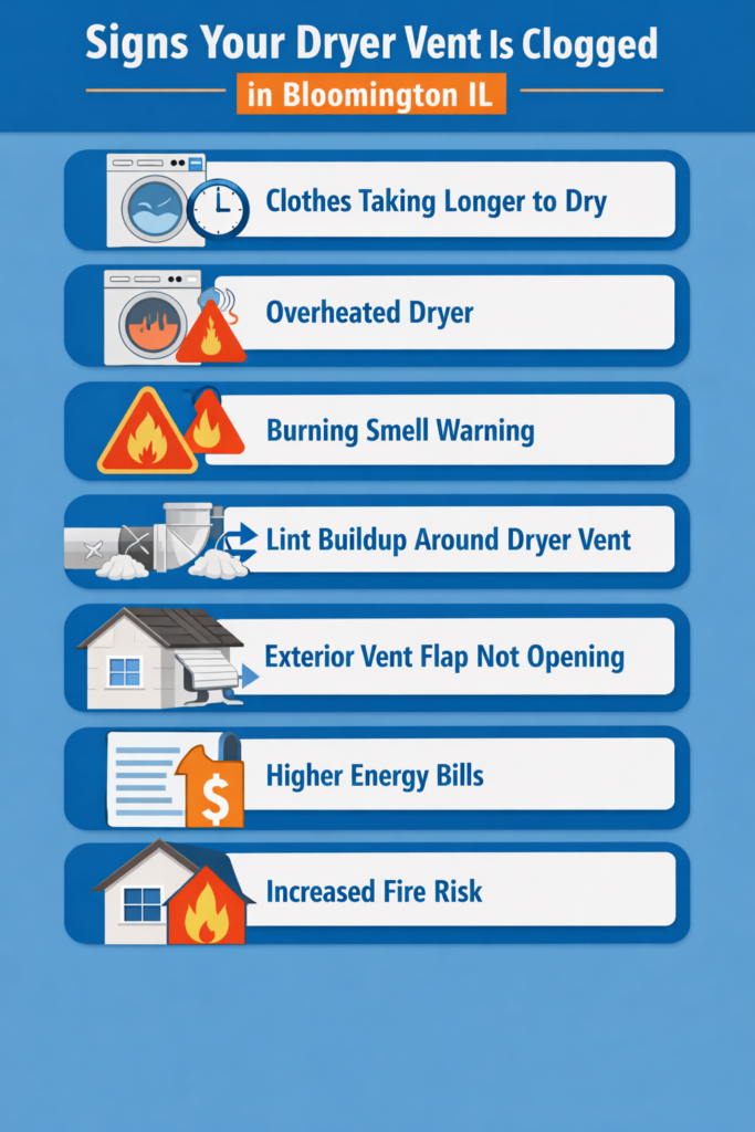 signs dryer vent clogged Bloomington IL infographic showing lint buildup overheating dryer and blocked airflow
