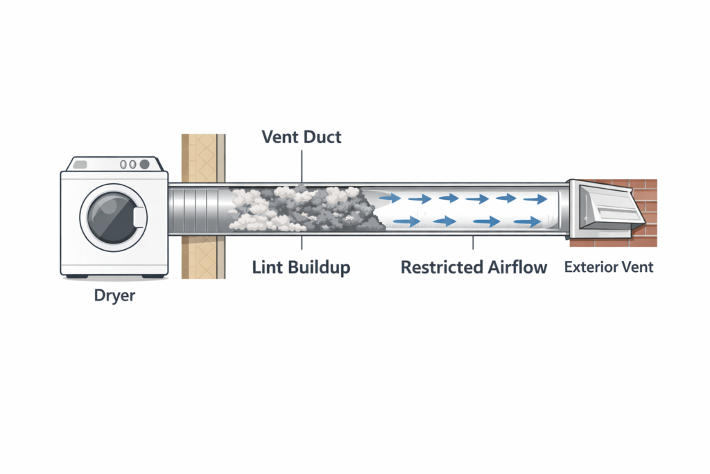 dryer vent lint buildup diagram showing blocked airflow inside dryer vent duct